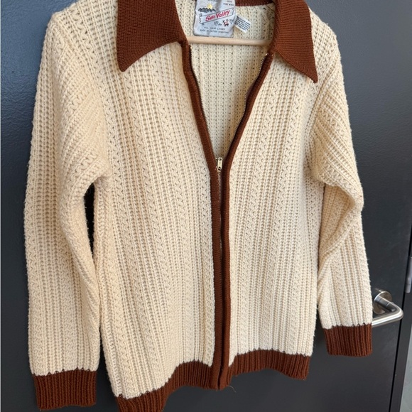 Sun Valley L vintage Cream and Brown Knit Women's Cardigan 100 percent wool EVC - Picture 8 of 12